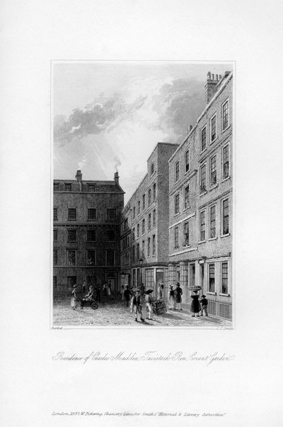 チャールズマックリンの最後の邸宅、タヴィストックロウ、コヴェントガーデン、1840年の外観。 作： Charles J. Smith