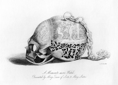 メアリークイーンオブスコッツがメアリーシートンに贈ったメメントモリ時計。16世紀、1840年。 作： Charles J. Smith