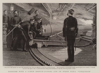 HMS Conquerorに搭載された6インチのブリーチローディングガンを使用した運動 作： Charles J. Staniland