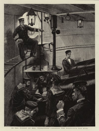 HMS征服者の砲塔で、45トン砲を搭載 作： Charles J. Staniland