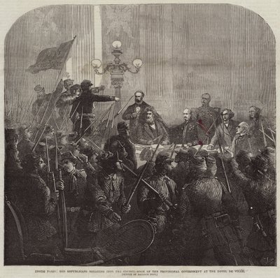 パリ内部で、赤い共和党員がHotel De Villeの暫定政府の評議会室に侵入 作： Charles J. Staniland