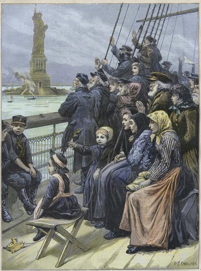 Jew Immigrants Arriving In New York Usa In 1892 - ニューヨーク港の巨大な像を通過するロシアからのユダヤ人難民 - チャールズ・ジョセフ・スタニランドの彫刻 - "Arrival of Jewish emigrants to New York in 1892, illustration of Charles Joseph STANIL 作： Charles J. Staniland