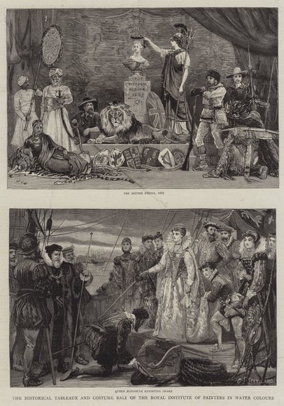 王立水彩画家協会の歴史的タブローとコスチュームボール 作： Charles J. Staniland