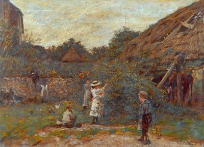 1901年に果物を収穫する子供たちがいる農場のシーン 作： Charles James