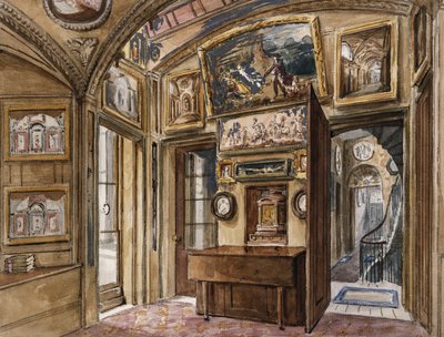 13リンカーンのインズフィールズにあるジョンソーン卿の博物館の朝食ルーム、南側のホールと階段を見る 作： Charles James Richardson