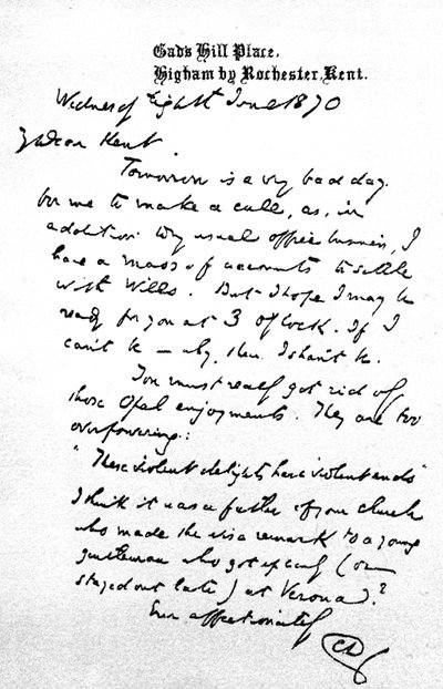 1870年6月8日、翌日に会う約束をする、彼の死の前日にガドの丘の場所から書かれたチャールズケントへの手紙 作： Charles John Huffam Dickens