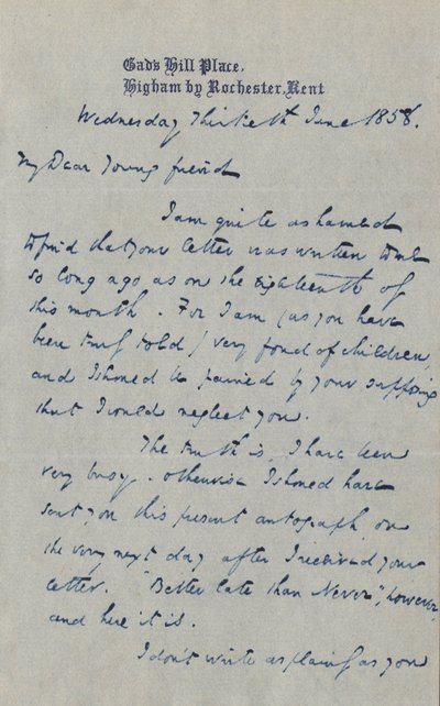 フランシス・G・ウォーへの手紙、1858年6月30日 作： Charles John Huffam Dickens