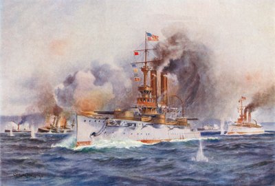 サンティアゴ港外でのスペイン艦隊の破壊（カラーリトグラフ） 作： Charles John de (after) Lacy