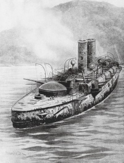 1898年、海戦後のスペイン装甲巡洋艦オケンド（リトグラフ） 作： Charles John de (after) Lacy