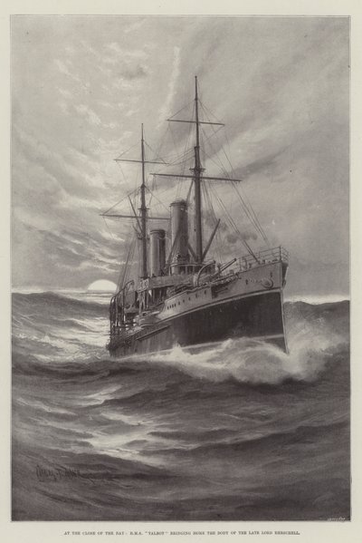 その日の終わりに、HMSタルボットは故ヘルシェル卿の遺体を持ち帰る 作： Charles John de Lacy