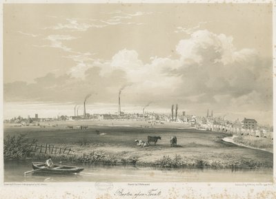 バートンアポントレントブリッジアンドタウン：着色リトグラフ、ND [c 1840] 作： Charles Joseph Hullmandel