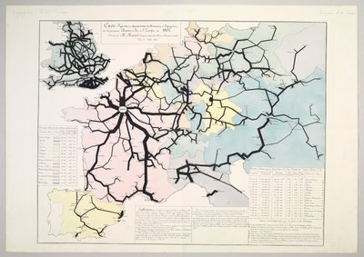 1862年、1865年のヨーロッパの主要鉄道における旅行者の動きの比喩的および近似的な地図 作： Charles Joseph Minard