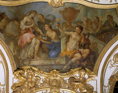 プシュケの歴史"アムールの宮殿の敷居にいるプシュケに花を捧げるニンフたち" 天井画：シャルル・ジョセフ・ナトワール（Charles-Joseph Natoire 作： Charles Joseph Natoire