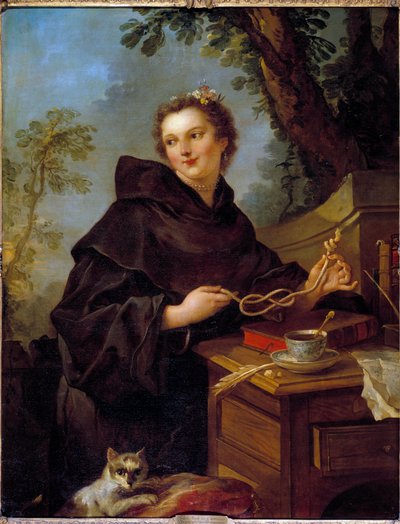 ルイ14世の孫娘であるマドモアゼル・ド・シャロレ（1695-1758）、ルイーズ・アン・ドゥ・ブルボン・コンデの肖像。両手の間には海の結び目（8の字の結び目）。絵画：シャルル・ジョゼフ・ナトワール（Charles-Joseph Natoire 作： Charles Joseph Natoire