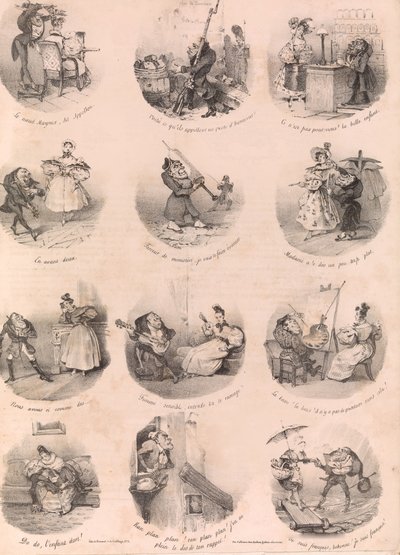 12 の風刺的なビネット Le Charivari、1832 年 12 月 10 日、1832 年 12 月 1 日。 作： Charles Joseph Traviès de Villers