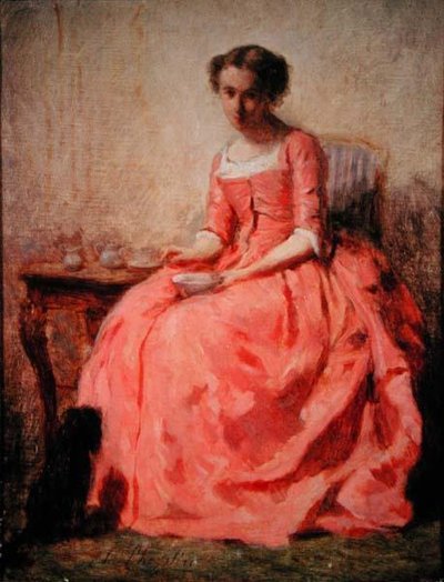 ピンクのドレスを着てテーブルに座る少女（油彩・キャンバス） 作： Charles Joshua Chaplin