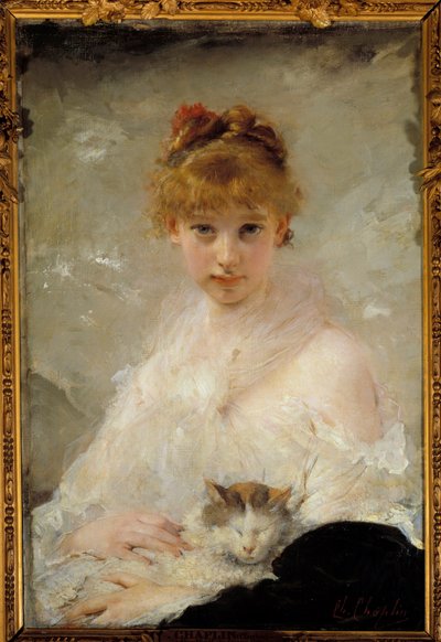 猫を連れた少女 チャールズ・チャップリン（1825-1891）の絵 19世紀 コンピエーニュ国立城博物館 作： Charles Joshua Chaplin