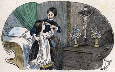 十字架の印。 「「すべての宗教的特徴 - 私は神々を信じる」」、sd.、ジュヴノの 19 世紀後半の挿絵。 カテキズム ライブラリ。 パリ。 リマージュ コレクション 作： Charles Jouvenot