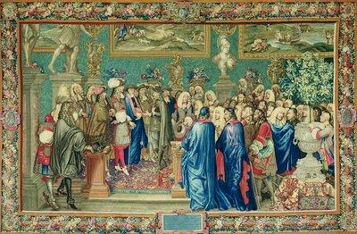 1662年3月24日ルーブル美術館でルイ14世（1638〜1715）がスペインのフィリップ4世の大使であるフエンテス伯に授与した聴衆、ゴブラン工房（タペストリー） 作： Charles Le Brun