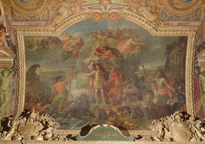 1672年にルイ14世（1638〜1715）が陸上と海上で武器を手にしたとき、Galerie des Glacesの天井画 作： Charles Le Brun