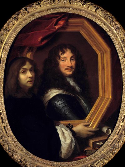軍人の肖像を持つ画家（または自画像）の肖像 シャルル・ルブラン（ル・ブラン）（1619-1690）の絵画 17世紀 日。1,04x0,85 m ・軍人の肖像を持つ画家（または自画像）の肖像。シャルル・ルブランの絵画 作： Charles Le Brun