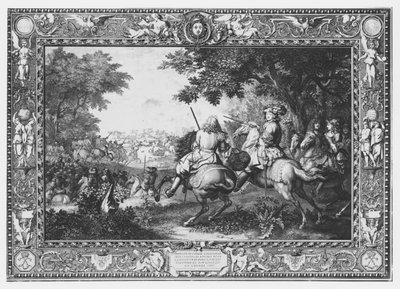 壁掛け「ヒストワールデュロワ」、マルサン伯爵の敗北、セバスチャンルクレルク（1673-1714）1680によって彫刻 作： Charles Le Brun