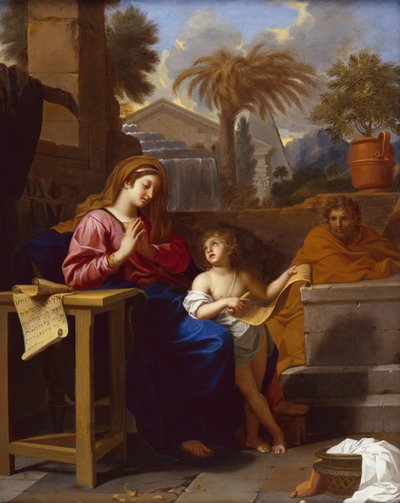 幼児キリストがヘブライ文字を読むエジプトの聖家族（キャンバスに油彩） 作： Charles Le Brun