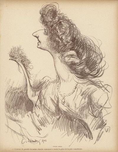 フランスの喜劇女優セシル・ソレルの風刺画（リトグラフ 作： Charles Leandre