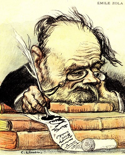 執筆中のエミール・ゾラ（1840-1902）の漫画、目に見えてインスピレーションに欠ける - シャルル・レアンドルによる "The Rire "の挿絵 作： Charles Leandre