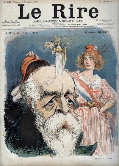 Eugene Henri Brisson (1835-1912), フランスの弁護士、ジャーナリスト、政治家 - マリアンヌがブレッソンの頭から赤い帽子を持ち上げ、その頭からすべての属性を持った女神アテナが現れたように見える - シャルル・レアンドル（1862-1934）による風刺画（『Le Rire』誌）。 作： Charles Leandre