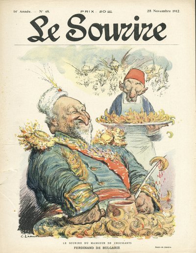 シャルル・ルアンドル（1862-1934）による『Le Smile』誌48号（2012年11月28日発売）の表紙用イラスト - クロワッサンを食べる人の笑顔 - トルコ、オリエント、バルカン半島、ブルガリア - フェルディナンド・デ・ブルガリア 作： Charles Leandre