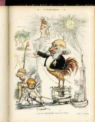 シャルル・ルアンドル（1862-1934）のイラスト（Le Rire, 22/10/04） - Un grand mariage - Marriage - Coq, Meyer Arthur - Animalisation 作： Charles Leandre