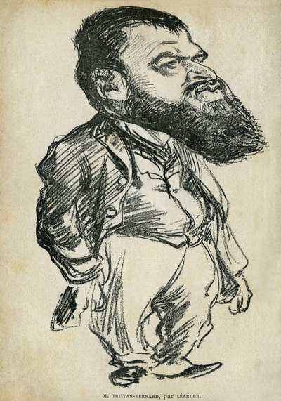 フランスの作家・コメディアン、ベルナール・ポール・ディット・トリスタン・ベルナール（1866-1947）の肖像。シャルル・レアンドル（1862-1934）による漫画、トリスタン・ベルナールの「パントルーシュと他の人の物語」に収録、パリの「Rire」プチ・コレクション 作： Charles Leandre