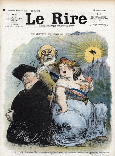教会と国家との分離。"フランスの政治家であるジャン＝ビエンヴヌ＝マルタン（Bienvenu-Martin）（1847-1943）は、公教育・美術・礼拝の大臣として、必死にフランスの司祭としての教会を分離しようとした（フランスの中の分離 作： Charles Leandre
