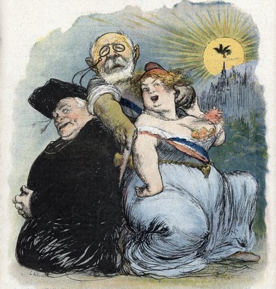 教会と国家との分離。"フランスの政治家であるジャン＝ビエンヴヌ＝マルタン（Bienvenu-Martin）（1847-1943）は、公教育・美術・礼拝大臣として、必死にフランスの司祭としての教会を分離しようとした（フランスの中の分離 作： Charles Leandre