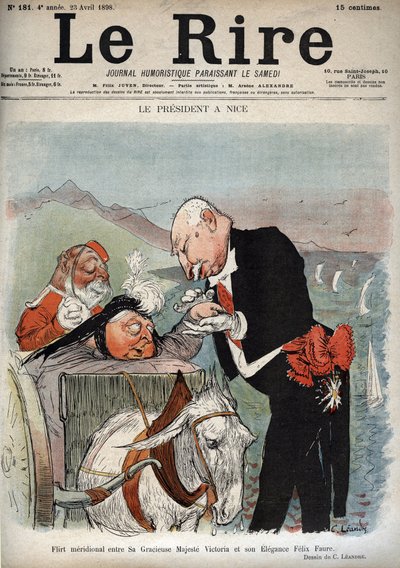 ニースでの大統領 - フランス大統領フェリックス・フォールがニースでヴィクトリア女王と会見 - 1898年4月23日付「Le Rire」紙に掲載されたシャルル・レアンドル（1862-1934）の漫画 作： Charles Leandre