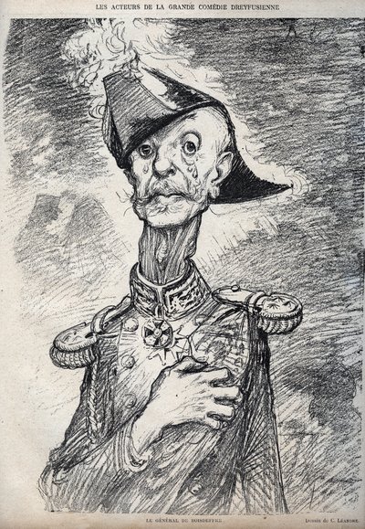 ドレフュスの大喜利の役者たち - フランス軍のRaoul Le Mouton de Boisdeffre (General de Boisdeffre) (1839 -1919)の肖像 - Charles Leandre (1862-1934)が1898年に「Le Rire」に掲載した漫画 作： Charles Leandre