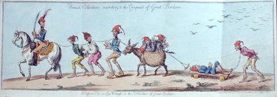 ジェームス・ギルレイ（1757-1815）がエッチングし、1803年にハンナ・ハンフリー社から出版された「グレートブリテンの征服に向けて行進するフランス人義勇兵」（手彩色のエッチング） 作： Charles Lorraine (after) Smith