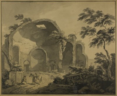 手前で会話する2人の農民とローマ遺跡 作： Charles Louis Clerisseau