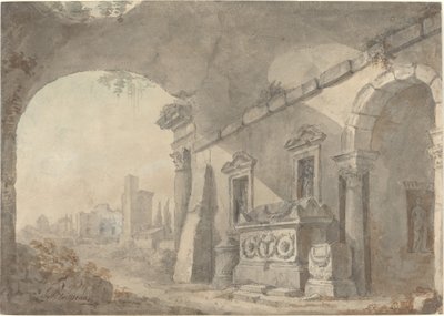 墓のあるローマ時代の遺跡 作： Charles Louis Clerisseau