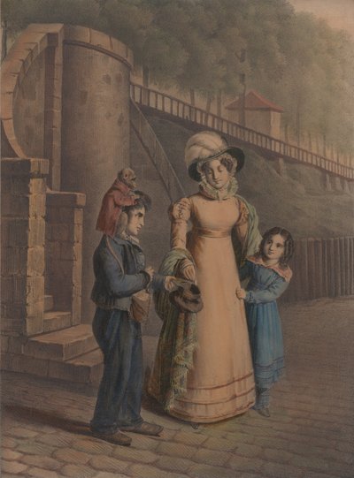 猿を肩に乗せた少年が母と娘からコインを受け取っている、1803-40年。 作： Charles Louis Constans