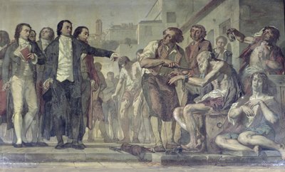 フィリップピネル1745-1826は1793年にパリのビセトルの亡命施設で鎖から狂人を解放しました。1840-50年頃163956のキャンバスに油彩 作： Charles Louis Lucien Muller