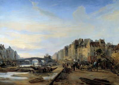 1825年頃のマリーブリッジとサンポール港。パリの眺め。シャルル・ルイ・モザン（1806-1862）の絵画 作： Charles Louis Mozin