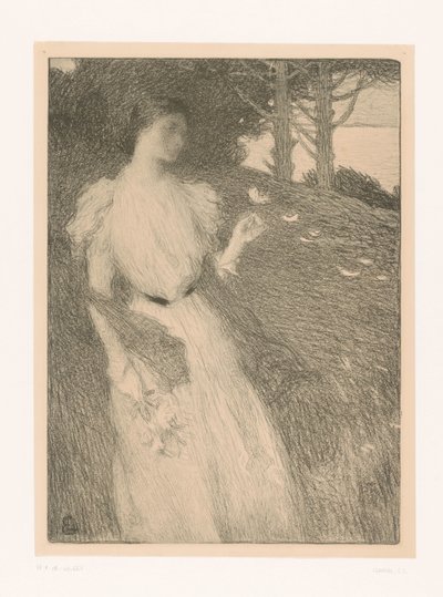 花びらを風に飛ばす女性 作： Charles Lucien Leandre