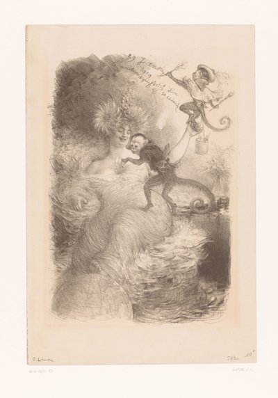 地球儀、書類の山、2 匹の猿を持つ女性 作： Charles Lucien Leandre