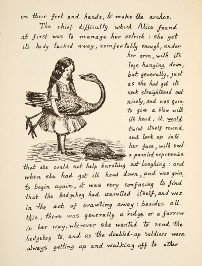 パブ、Alices Adventures Under Groundのイラストを描いたダチョウを抱いたアリス。 1886（ファクシミリ） 作： Charles Lutwidge Dodgson