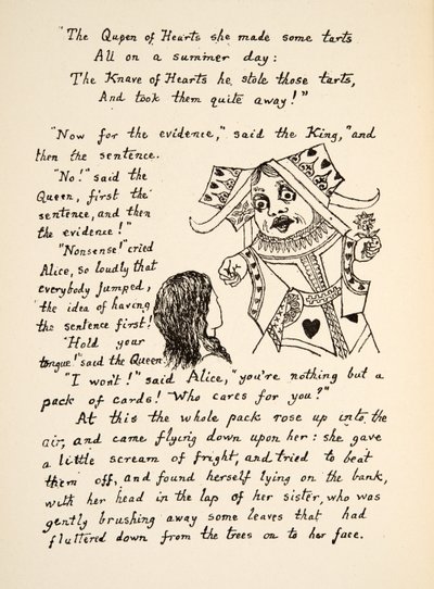 レッドクイーンは、パブのAlices Adventures Under Groundのイラストである「アリスに舌をかざす」と言っています。 1886（ファクシミリ） 作： Charles Lutwidge Dodgson