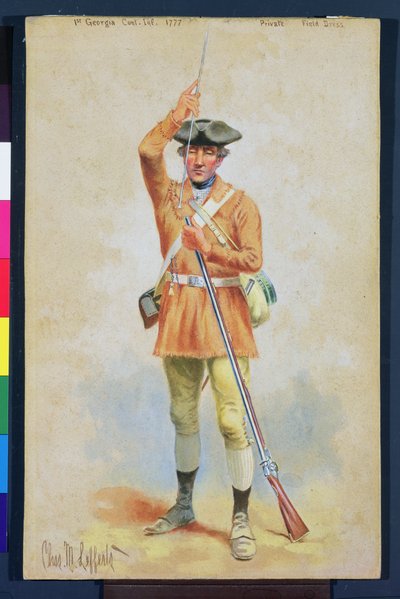 アメリカ革命の制服：第1ジョージア大陸歩兵の1777プライベートフィールドドレス（ガッシュとトイレットペーパー） 作： Charles MacKubin Lefferts