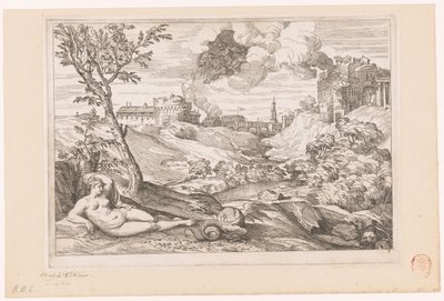 竜に守られたアンドロメダと雲の中を飛ぶペルセウスのいる風景 作： Charles Macé (attributed to)