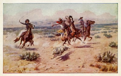 大草原のオオカミを追いかけるカウボーイ 作： Charles Marion Russell
